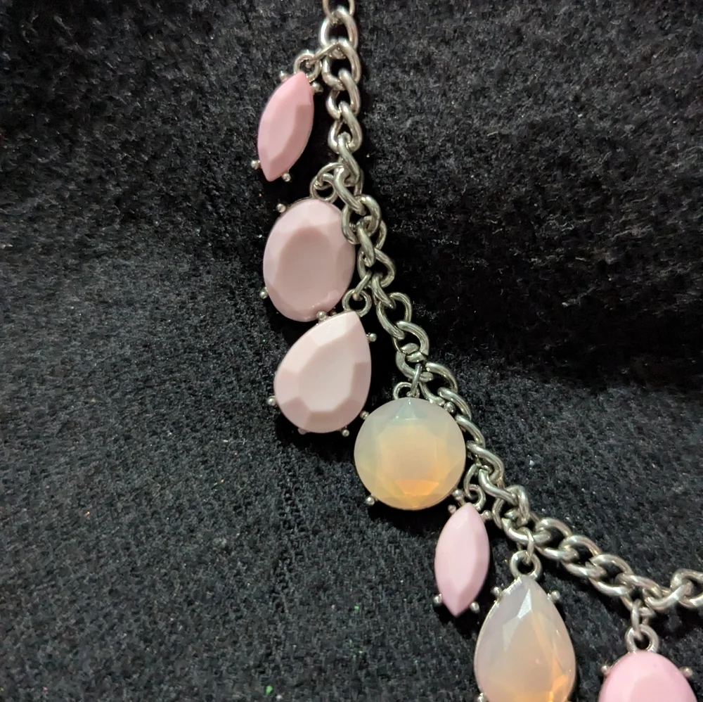 Silver Tone Pastel Pink and Cream Rhinestone Statement Necklace